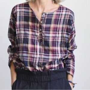 PIETSIE Basque Plaid Top in Cotton Linen  Medium